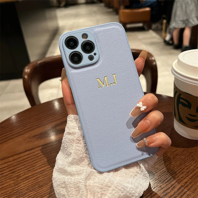 Personalised Customized Name Case For iPhone 17 16 15 14 13 12 11 Pro Max Initials Letters Leather Cover 13 15 16 17 Air Pro Max