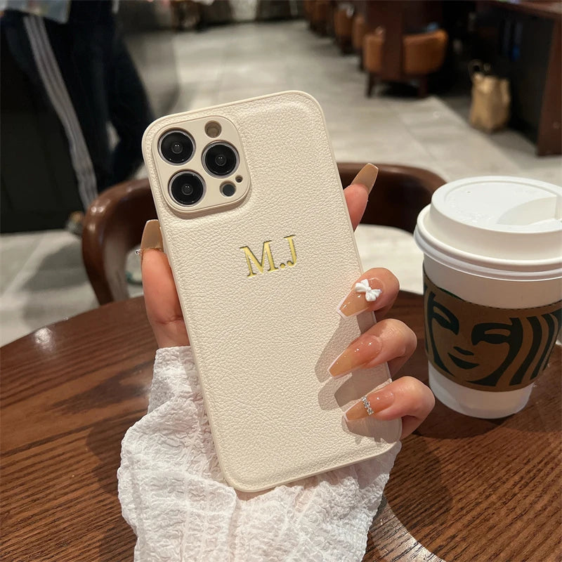 Personalised Customized Name Case For iPhone 17 16 15 14 13 12 11 Pro Max Initials Letters Leather Cover 13 15 16 17 Air Pro Max